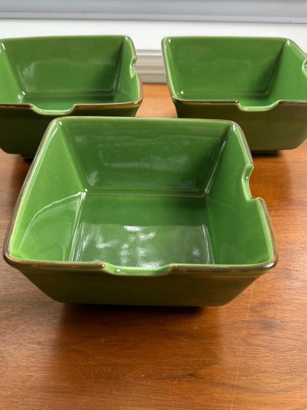 Pottery Barn Asian Square Green Pho Noodle Soup Bowls 6X6 Set of 3 Cottage Farm